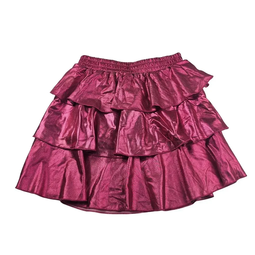 Grace Karin 12 years old hot pink shiny metallic bling teired layered skirt #
